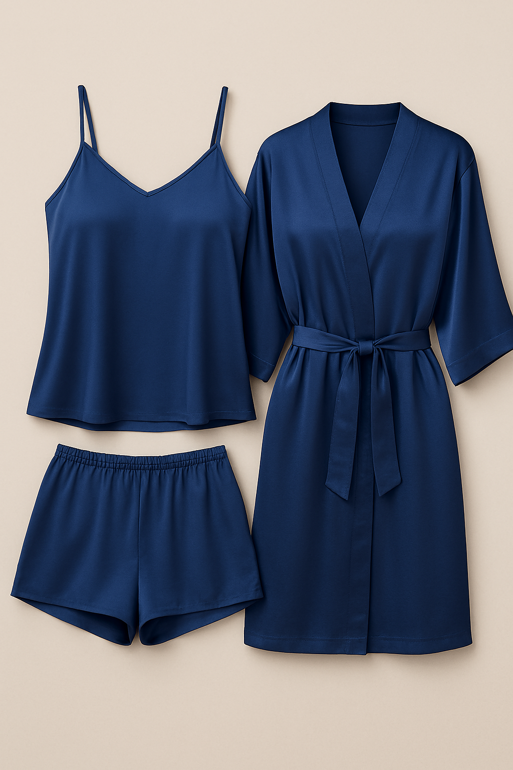 3-Piece Satin Sleepwear Set for Women – Camisole, Shorts & Robe | Elegant Nightwear & Loungewear | Free Size | Black