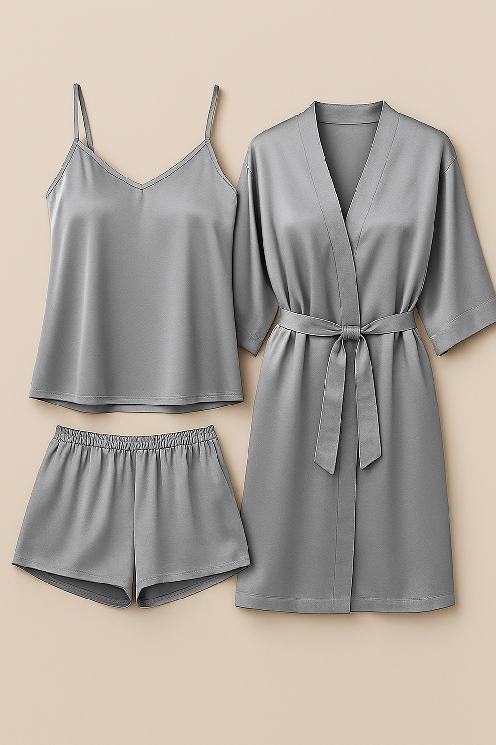 3-Piece Satin Sleepwear Set for Women – Camisole, Shorts & Robe | Elegant Nightwear & Loungewear | Free Size | Black - Image 3