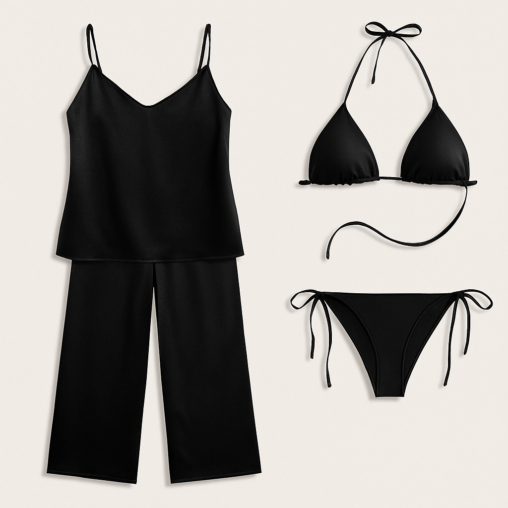 Satin Silk Camisole & Pajama with Bikini Set – Dual Style Nightwear for Women | Black - Image 2