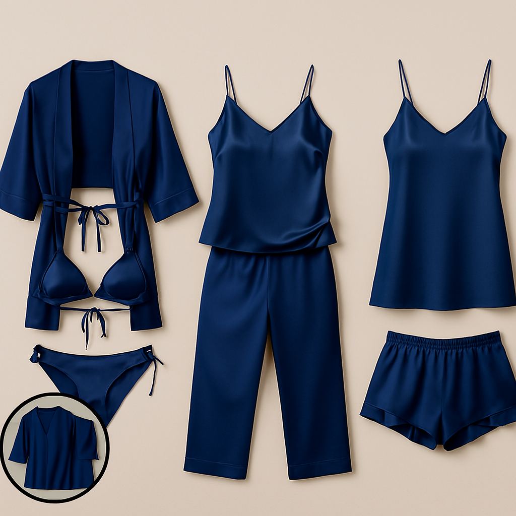 7-Piece Satin Sleepwear & Lingerie Set for Women – Luxury Nightwear Collection with Robe & Slip Dress | Free Size | Black - Image 2