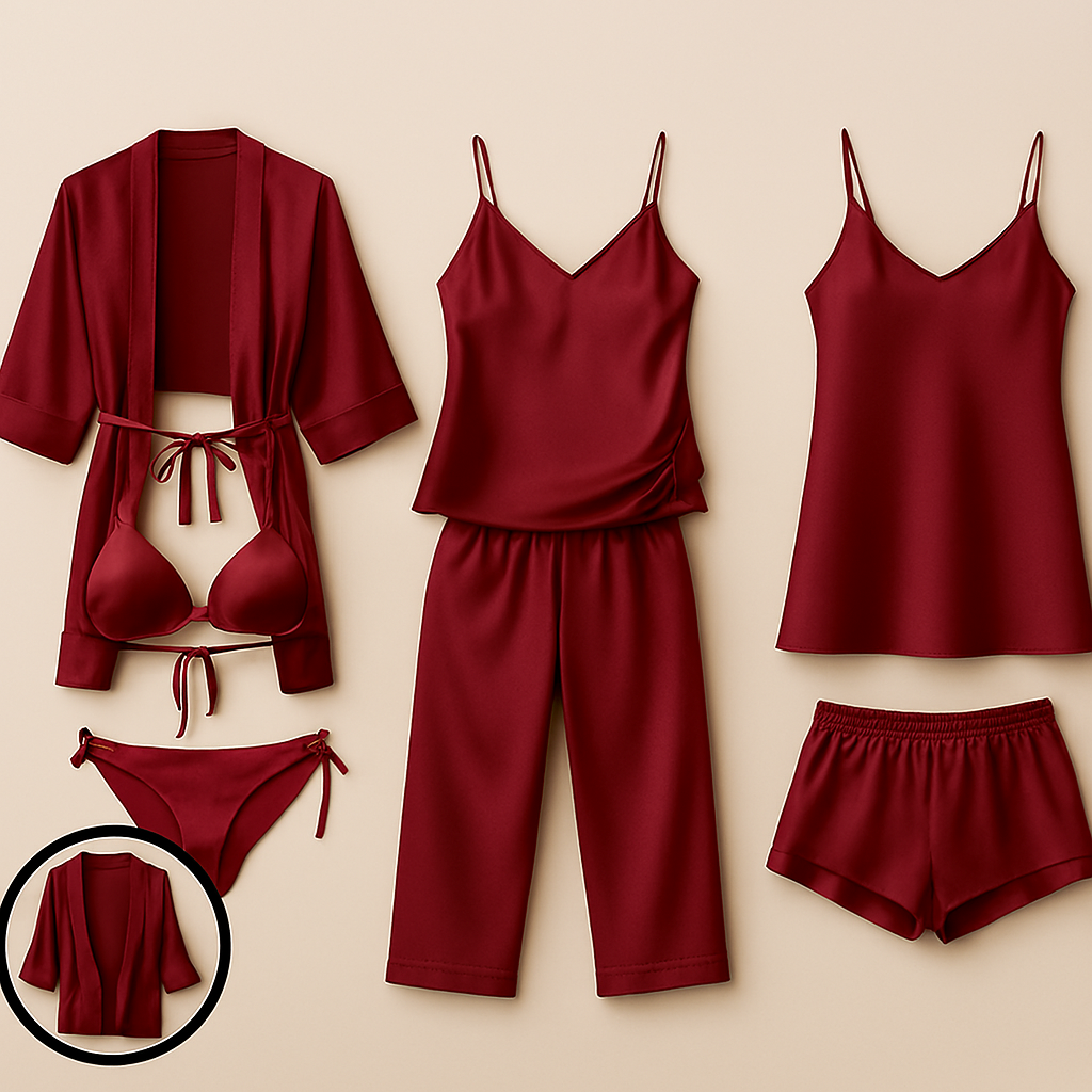 7-Piece Satin Sleepwear & Lingerie Set for Women – Luxury Nightwear Collection with Robe & Slip Dress | Free Size | Black - Image 3