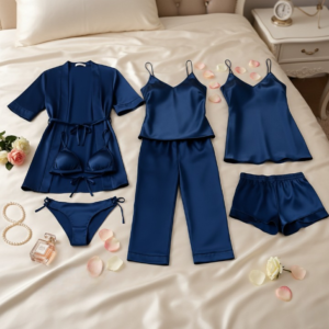 7-Piece Satin Sleepwear & Lingerie Set for Women – Luxury Nightwear Collection with Robe & Slip Dress | Free Size | Black
