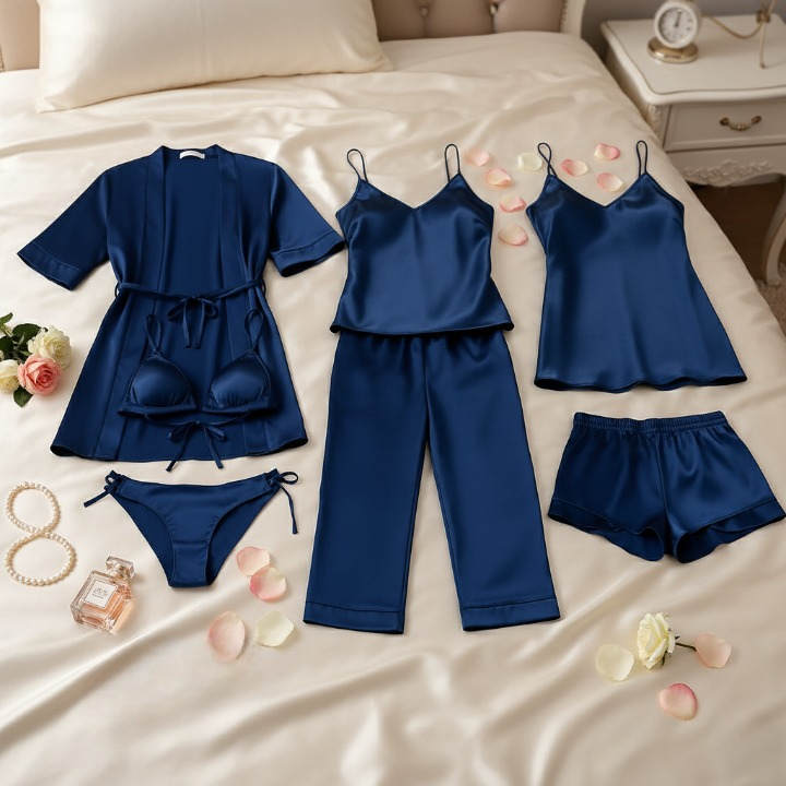 7-Piece Satin Sleepwear & Lingerie Set for Women – Luxury Nightwear Collection with Robe & Slip Dress | Free Size | Black
