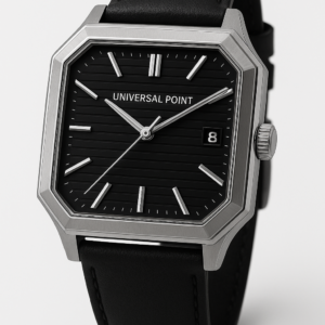 Universal Point UP 1988 Watch, Square Dial Leather Strap Stainless Steel Case