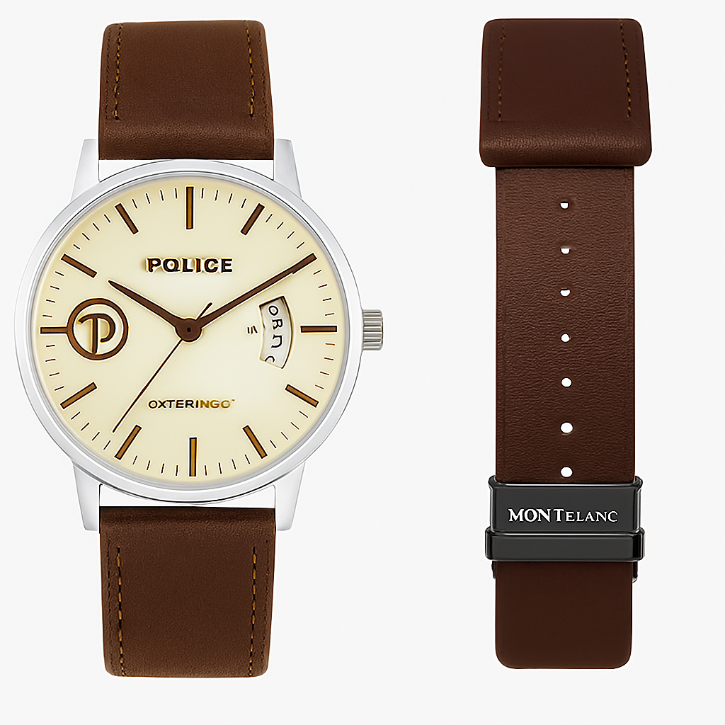 Police Watch – Elegant Leather Strap | Quartz Movement | Date Display | Black Dial