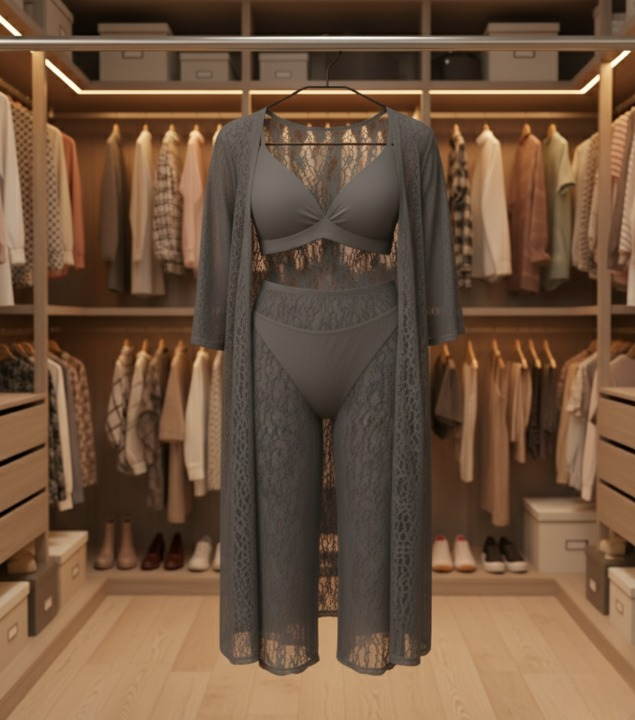Luxurious Net Transparent Lace 4-Piece Nightwear Set – Free-Size Lounge & Sleepwear (Gown, Bra, Panty, Trouser) | SKU: DC-4051 | Black - Image 3