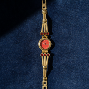 Vintage Gold Tone Bracelet Watch, Elegant Retro Wristwatch with Ruby Red Accents & Crystals, Unique Random Design & Color