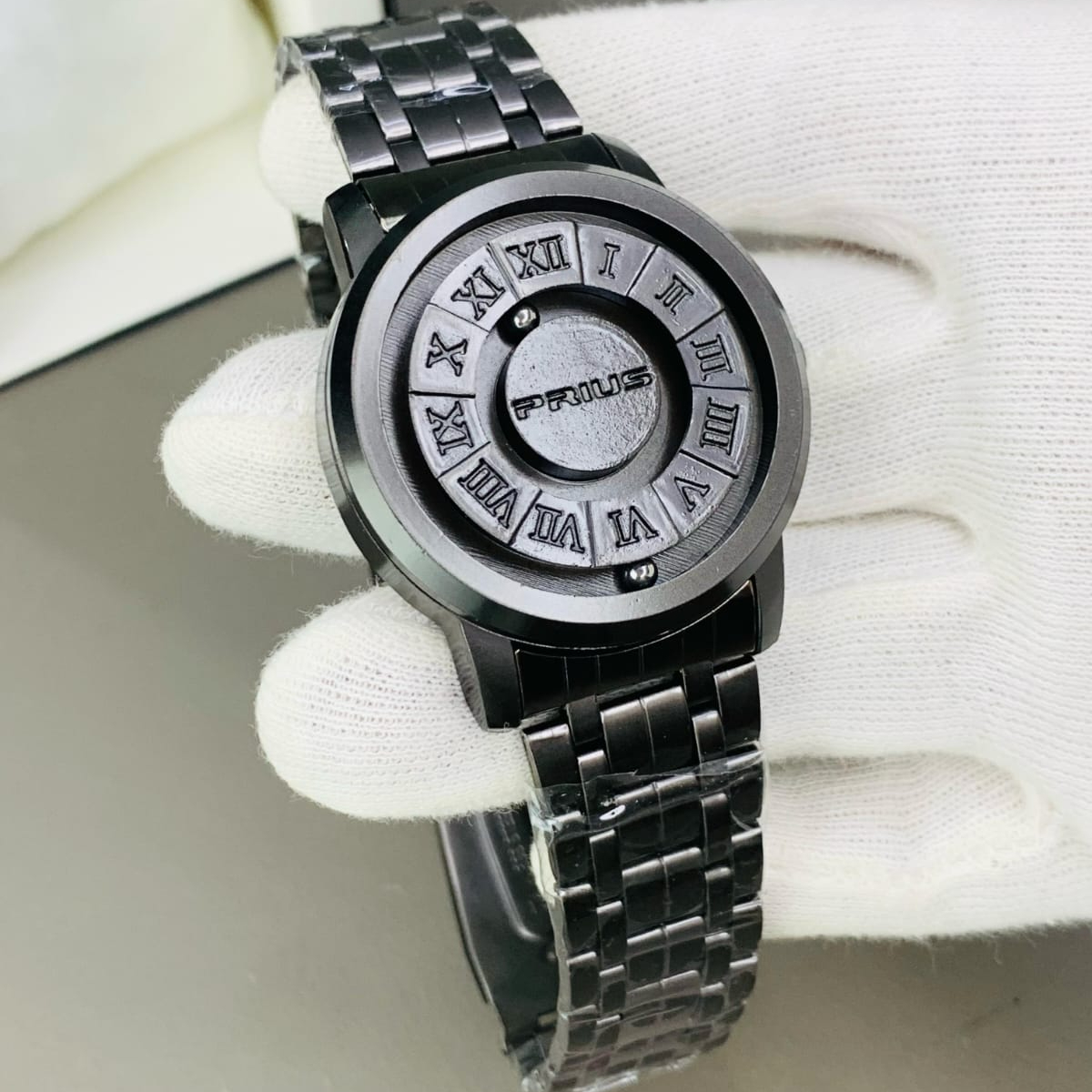 Magnetic Ball Watch, Black Stainless Steel Modern Wristwatch with Gift Box