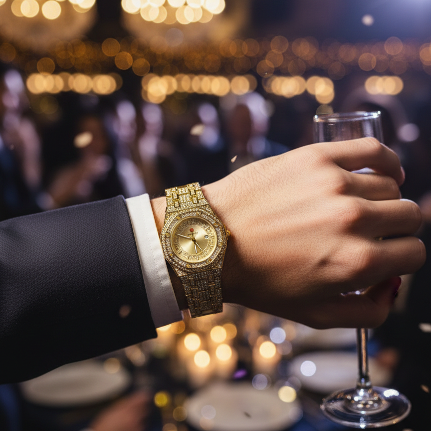 Luxury Gold Diamond-Studded Wrist Watch | Premium Designer Quartz Watch for Men & Women | Elegant Style (Without Box) - Image 4