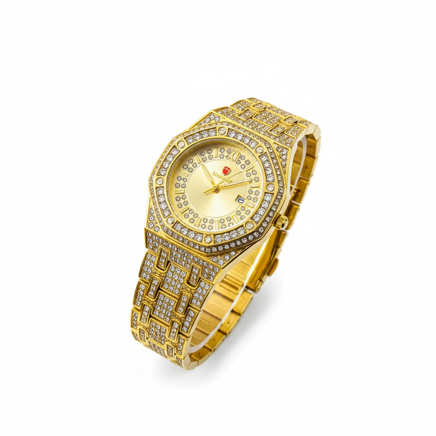 Luxury Gold Diamond-Studded Wrist Watch | Premium Designer Quartz Watch for Men & Women | Elegant Style (Without Box)