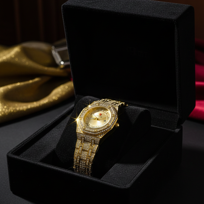 Luxury Gold Diamond-Studded Wrist Watch | Premium Designer Quartz Watch for Men & Women | Elegant Style (Without Box) - Image 3