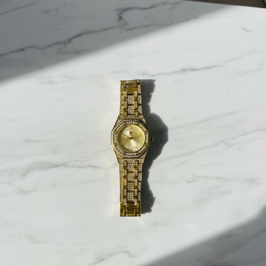 Luxury Gold Diamond-Studded Wrist Watch | Premium Designer Quartz Watch for Men & Women | Elegant Style (Without Box) - Image 5