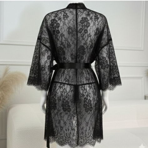 3 Piece Net Gown Set with Bra & Panty – Soft Lace Robe Lingerie for Women | Free Size (Fits Up to 38 Chest) | Black - Image 6