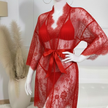3 Piece Net Gown Set with Bra & Panty – Soft Lace Robe Lingerie for Women | Free Size (Fits Up to 38 Chest) | Black - Image 8