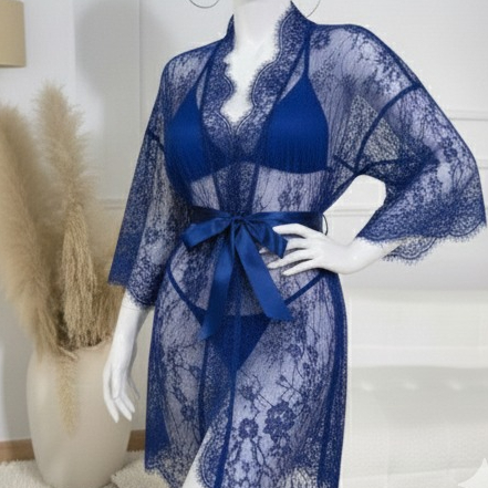 3 Piece Net Gown Set with Bra & Panty – Soft Lace Robe Lingerie for Women | Free Size (Fits Up to 38 Chest) | Black - Image 4