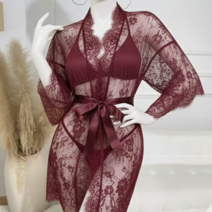 3 Piece Net Gown Set with Bra & Panty – Soft Lace Robe Lingerie for Women | Free Size (Fits Up to 38 Chest) | Black - Image 7