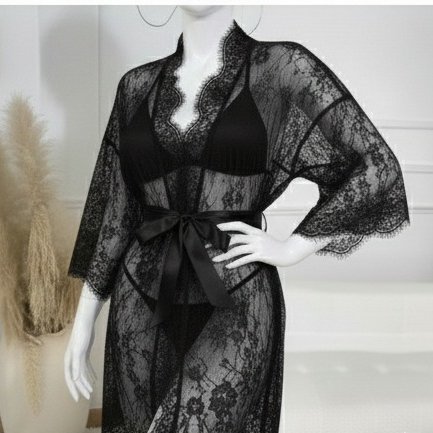 3 Piece Net Gown Set with Bra & Panty – Soft Lace Robe Lingerie for Women | Free Size (Fits Up to 38 Chest) | Black