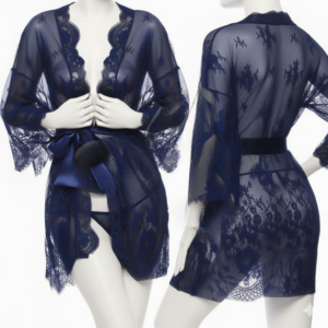 Women’s Net Transparent Sheer Lace Robe Gown – Long Sleeve Free-Size Nightwear with Satin Belt | SKU: DC-1051 | Black