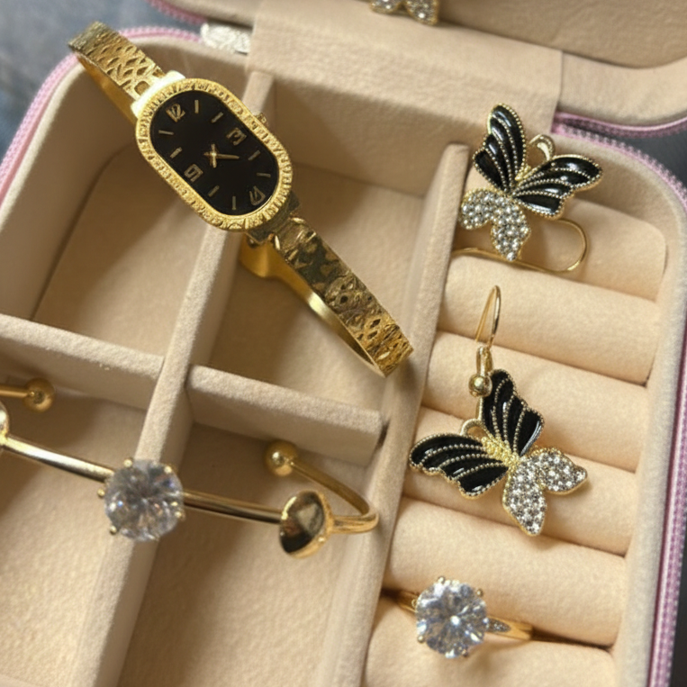 6-Piece Butterfly Jewelry Gift Set in Gold Tone with Luxury Travel Case