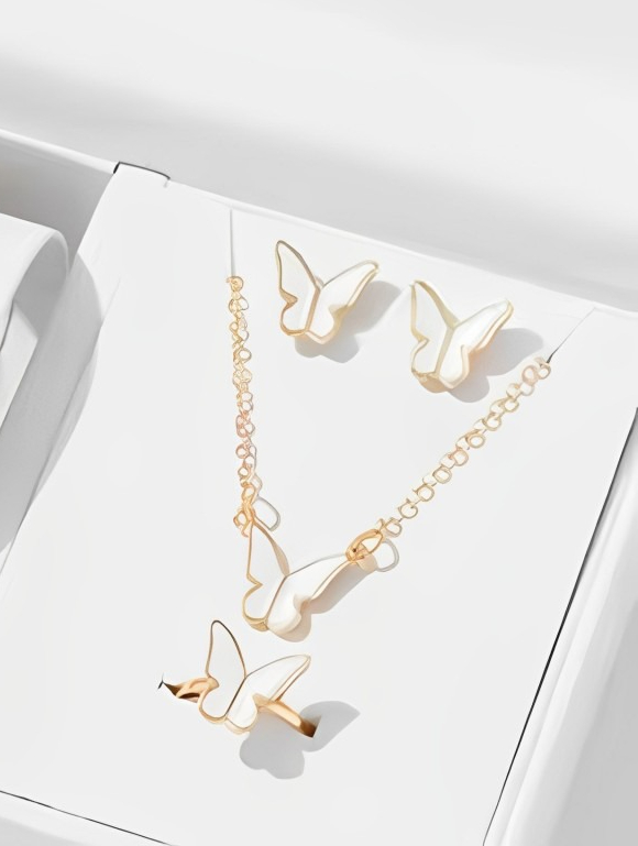 Butterfly Jewelry Set for Women – 4 Piece Necklace, Earrings & Ring Set (White) Elegant Fashion Accessories - Image 2