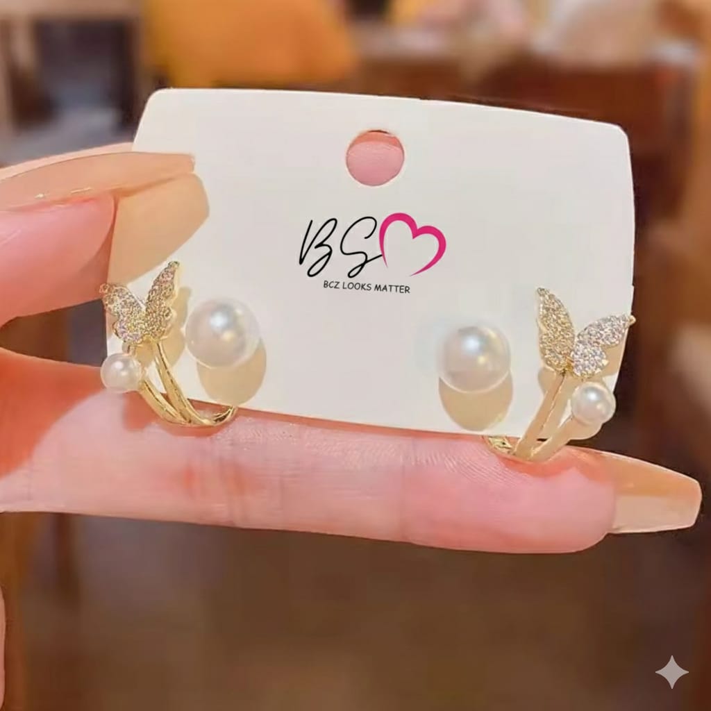 Butterfly Pearl Korean Earrings – Golden Elegant Stud Earrings for Women - Image 3