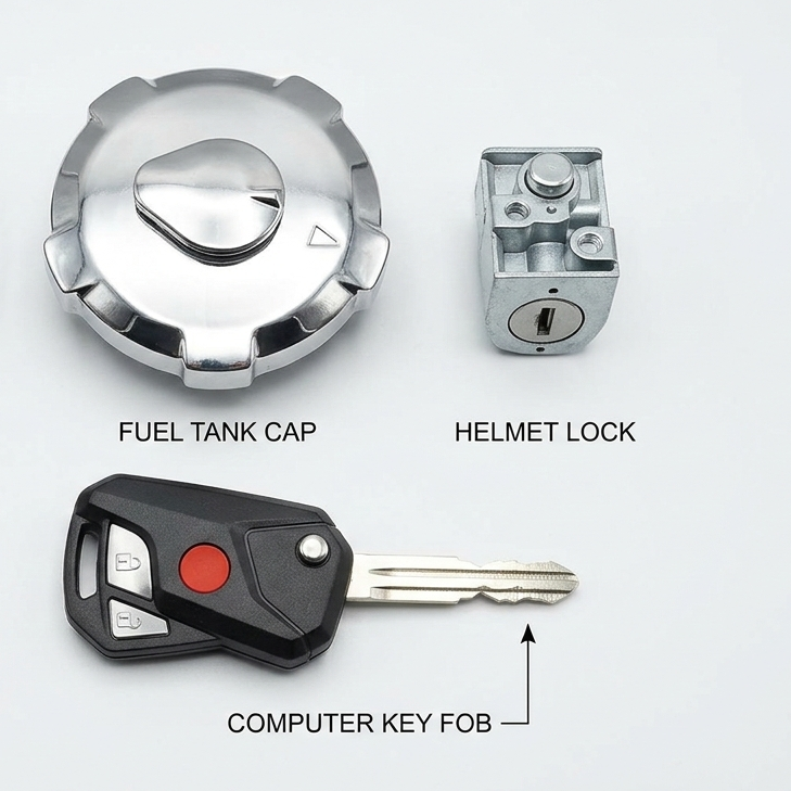 CG125 switch kit, Honda CG125 ignition switch, motorcycle lock set, CG125 computer key set, fuel tank cap lock, bike side lock, 3 in 1 lock kit, single key operated switch kit, motorcycle security parts Pakistan, CG125 accessories - Image 2