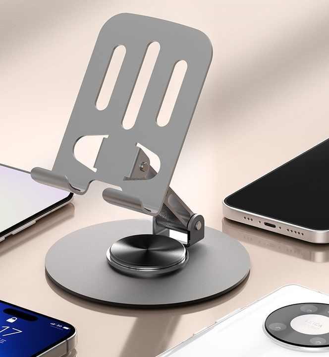 ZY033 Adjustable Desktop Mobile Phone Holder | 360° Rotating Biaxial Stand | Premium ABS & Metal Universal Table Mount – Grey - Image 4