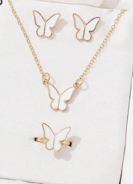 Butterfly Jewelry Set for Women – 4 Piece Necklace, Earrings & Ring Set (White) Elegant Fashion Accessories