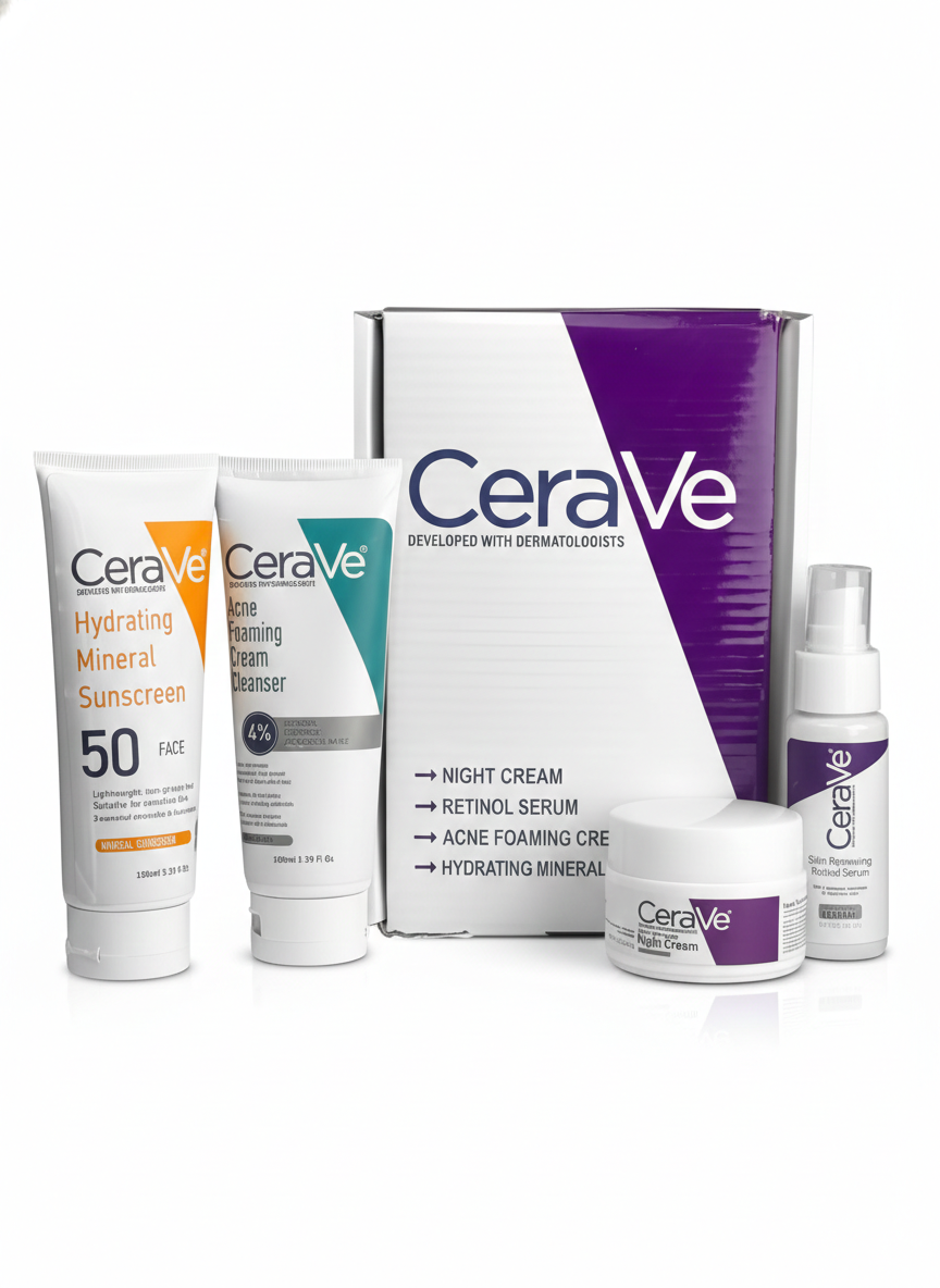 CeraVe Complete Skincare Combo Kit Sunscreen SPF 50, Acne Cleanser, Retinol Serum & Night Cream
