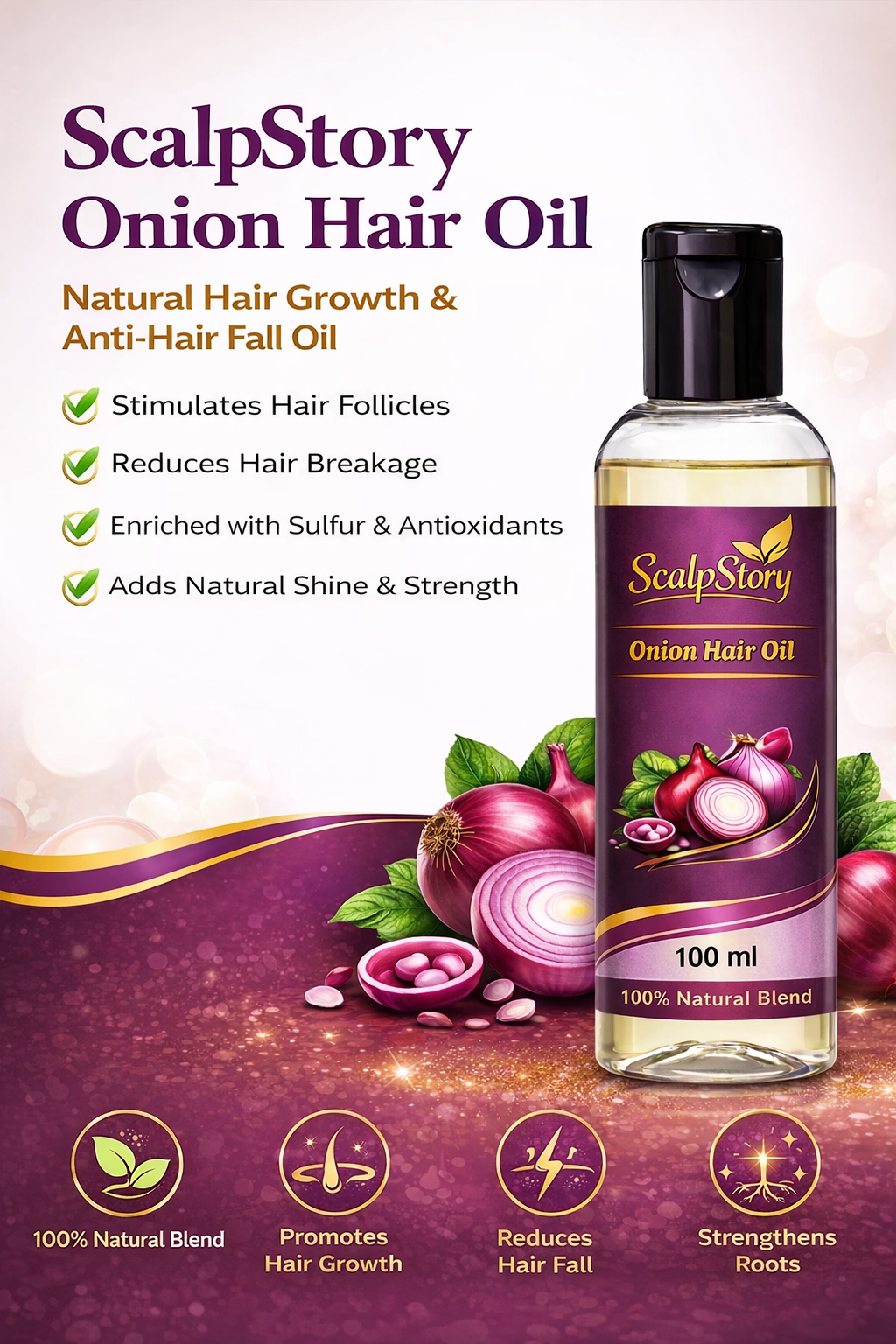 Onion Hair Oil Natural Hair Growth & Anti-Hair Fall Oil with Sulfur & Antioxidants | Strengthens Roots & Adds Shine | 100 ml