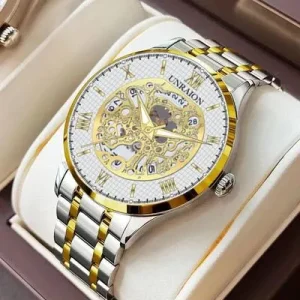 Unraion Skeleton Watch Stainless Steel Gold Accents – Luxury Automatic Open Dial Wrist Watch for Men | Elegant Fashion Timepiece