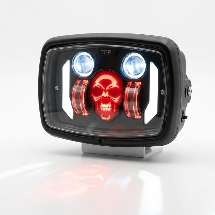 Premium Skull Headlamp for Honda CD70 & CG125 â Aggressive Red Skull DRL with Dual LED Projectors - Image 2