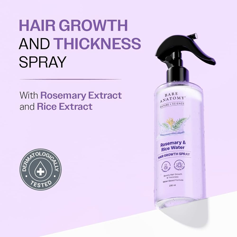 Bare Anatomy Rosemary And Rice Water Hair Growth Spray Boosts Thickness Controls Hair Fall 200Ml