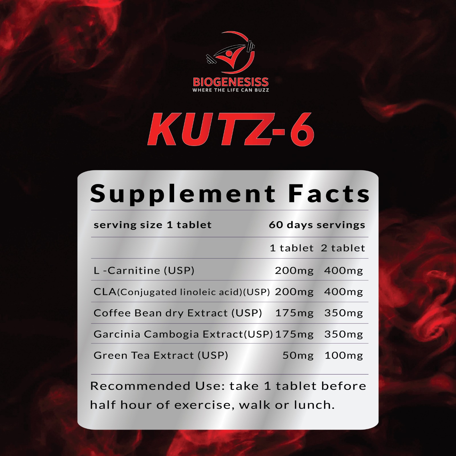 BIOGENESISS KUTZ-6 Extreme Thermogenic Fat Burner Advanced Metabolic Support & Energy Booster for Weight Management (60 Dietary Tablets) - Image 2
