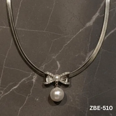 Stainless Steel Pearl Pendant Necklace Silver Bow Design | Elegant Fashion Jewelry for Women & Girls - Image 2