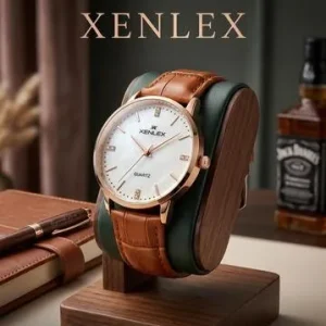 Men’s Leather Watch with Green Strap & Gold Dial – Stylish Quartz Analog Wrist Watch for Formal, Casual & Daily Wear