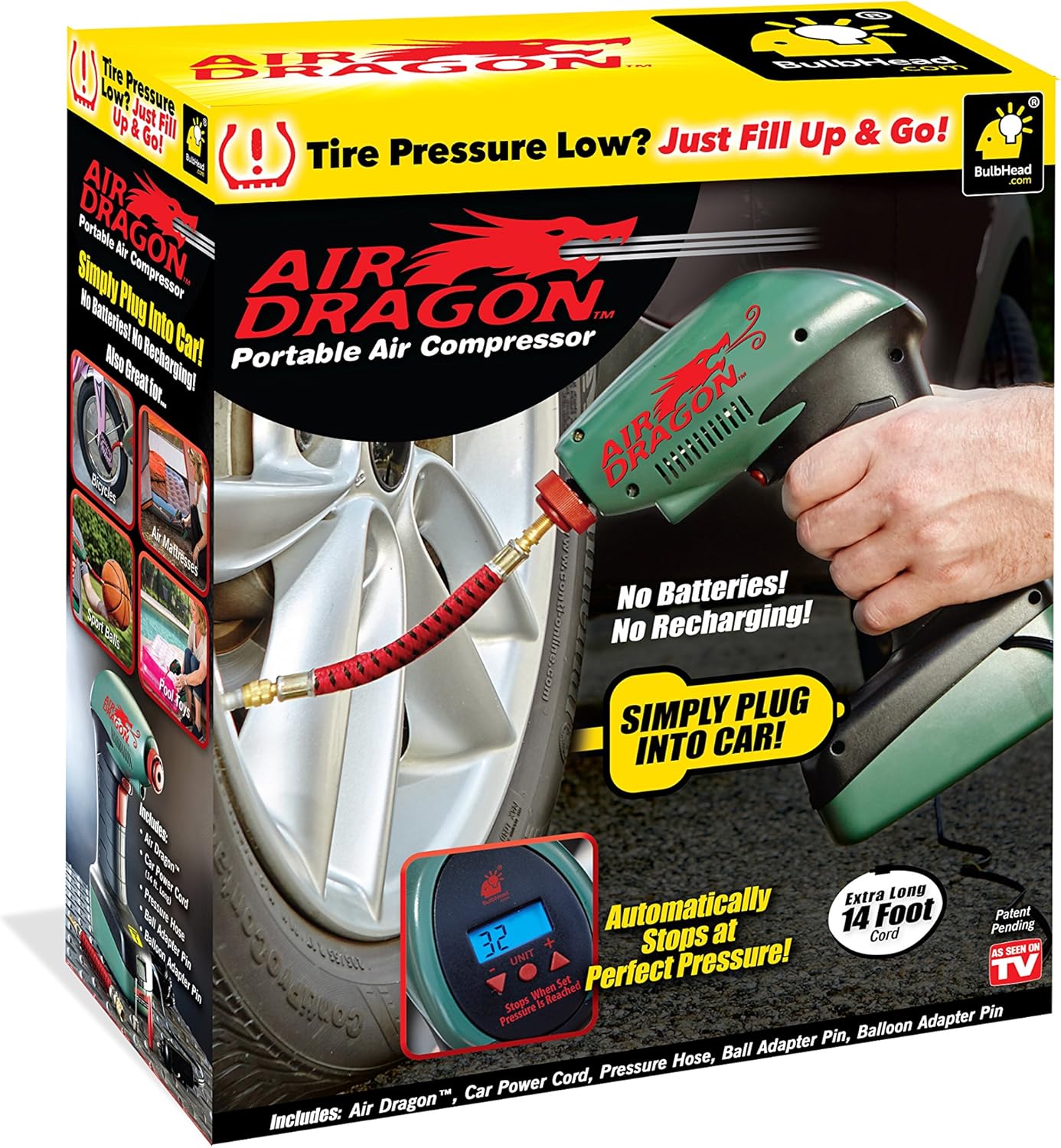 Air Dragon Portable Air Compressor with Built-in Light – Electric Air Pump for Sports Balls, Pool Toys & Air Mattresses