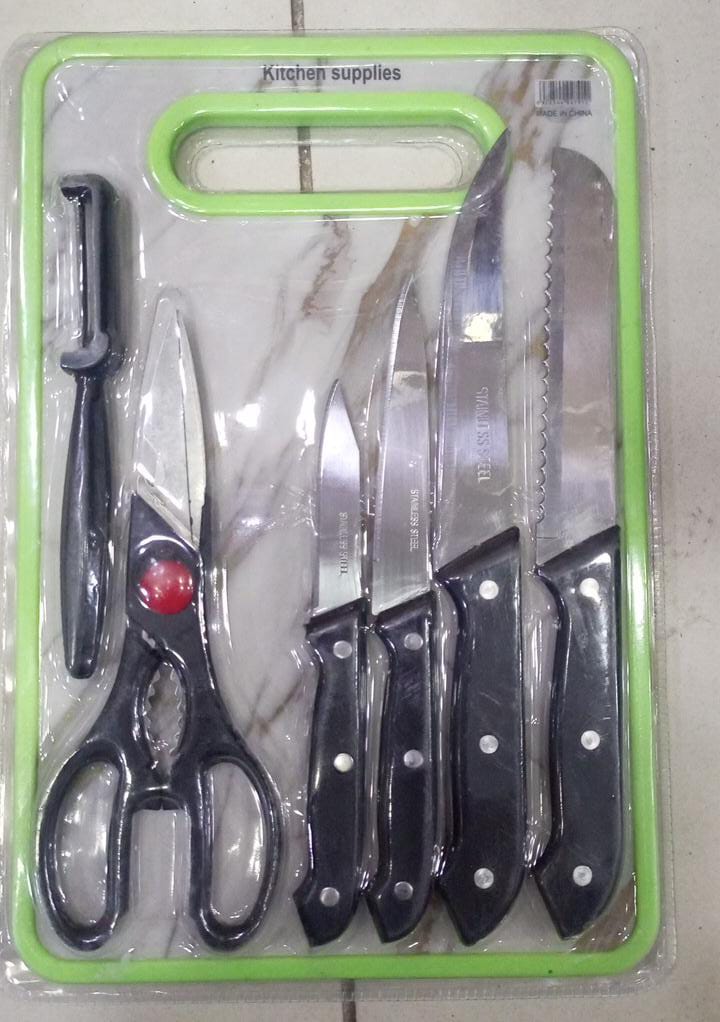 6-in-1 Stainless Steel Kitchen Knife Set – Sharp Chef Knives with Scissors, Peeler & Cutting Board for Meat, Bread, Fruits & Vegetables
