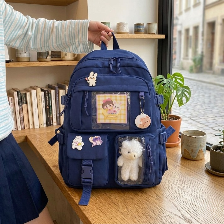 Cute Women Backpack Multi Pocket Canvas School Bag White Student Bag For Teenage Girls | Purple - Image 2