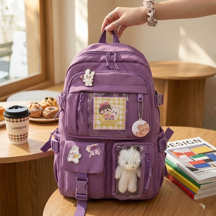 Cute Women Backpack Multi Pocket Canvas School Bag White Student Bag For Teenage Girls | Purple