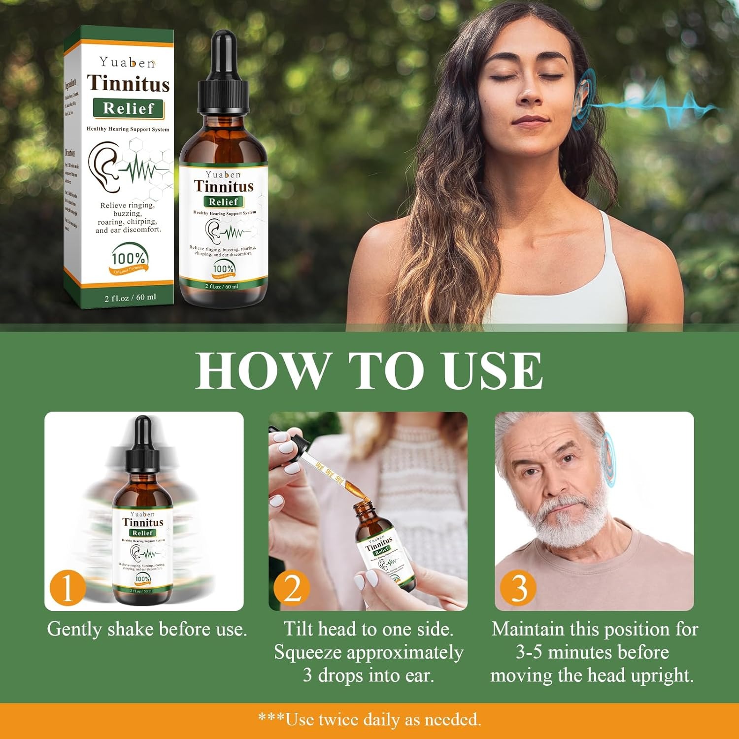 Yuaben Tinnitus Relief Drops | Healthy Hearing Support System | Natural Ear Care for Ringing and Buzzing | 60ml - Image 2