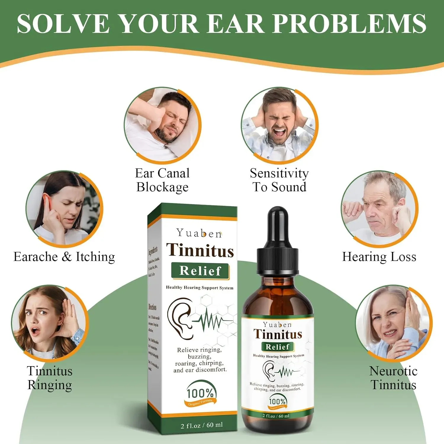 Yuaben Tinnitus Relief Drops | Healthy Hearing Support System | Natural Ear Care for Ringing and Buzzing | 60ml