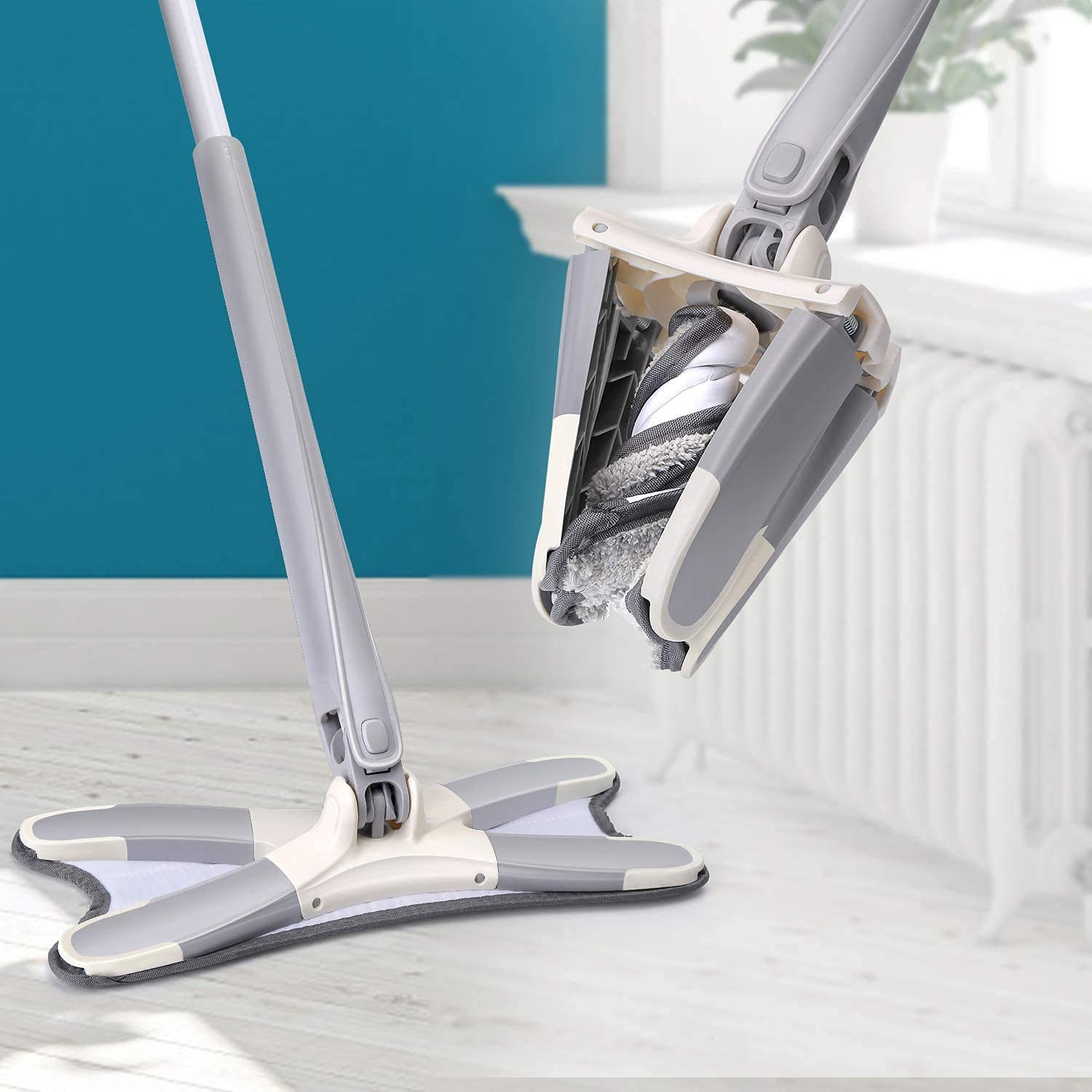 Rotating X Mop Flat Microfiber Floor Mop with 360° Squeeze System and Replaceable Cloth Heads - Image 2