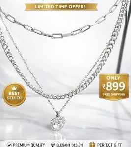 3 Layered Silver Plated Zircon Chain Necklace for Women | Sparkling Fashion Jewelry for Party & Wedding Wear