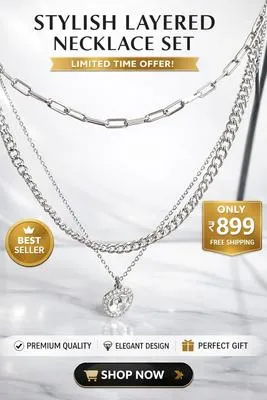3 Layered Silver Plated Zircon Chain Necklace for Women | Sparkling Fashion Jewelry for Party & Wedding Wear