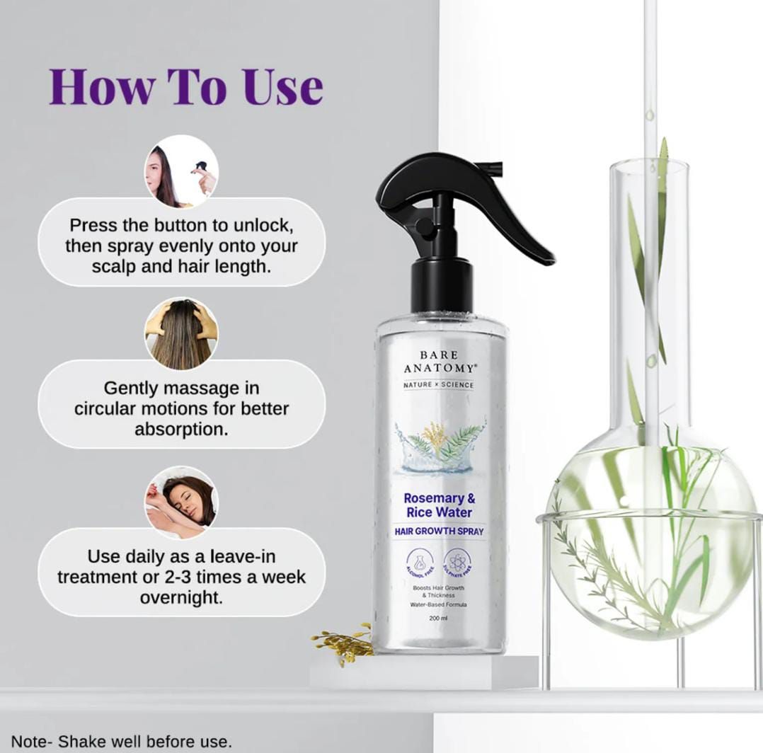 Bare Anatomy Rosemary & Rice Water Hair Growth Spray | Boosts Thickness | Controls Hair Fall | 200ml - Image 2