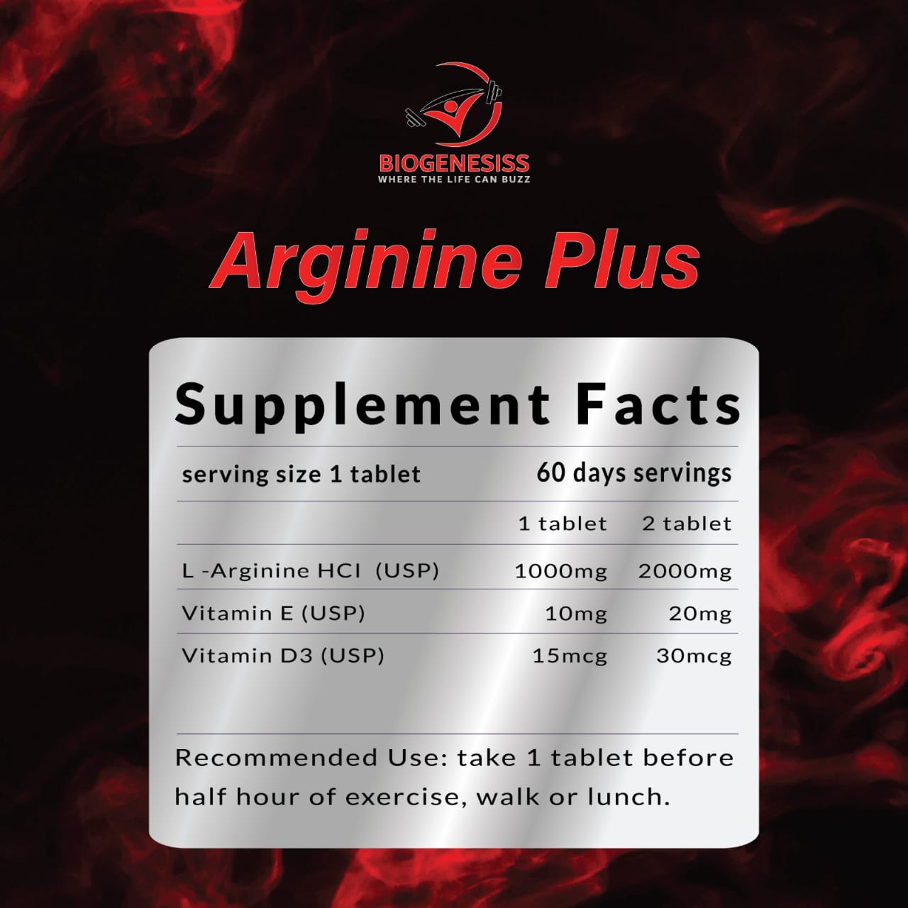 Biogenesiss Arginine Plus Premium L-Arginine Complex 1000mg Free Form Amino Acid with Vitamins E & D3 for Nitric Oxide Boost, Circulation, and Muscle Recovery (60 Tablets) - Image 3
