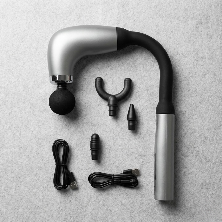 Long-Handle Fascial Gun Massager Ergonomic Percussion Massage Tool with 4 Interchangeable Heads Rechargeable Full Body Muscle Relaxer