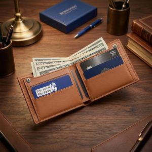 Anchor Emblem Bifold Leather Wallet with Box - Multi Card Slots, Cash Pocket & Zipper Pocket