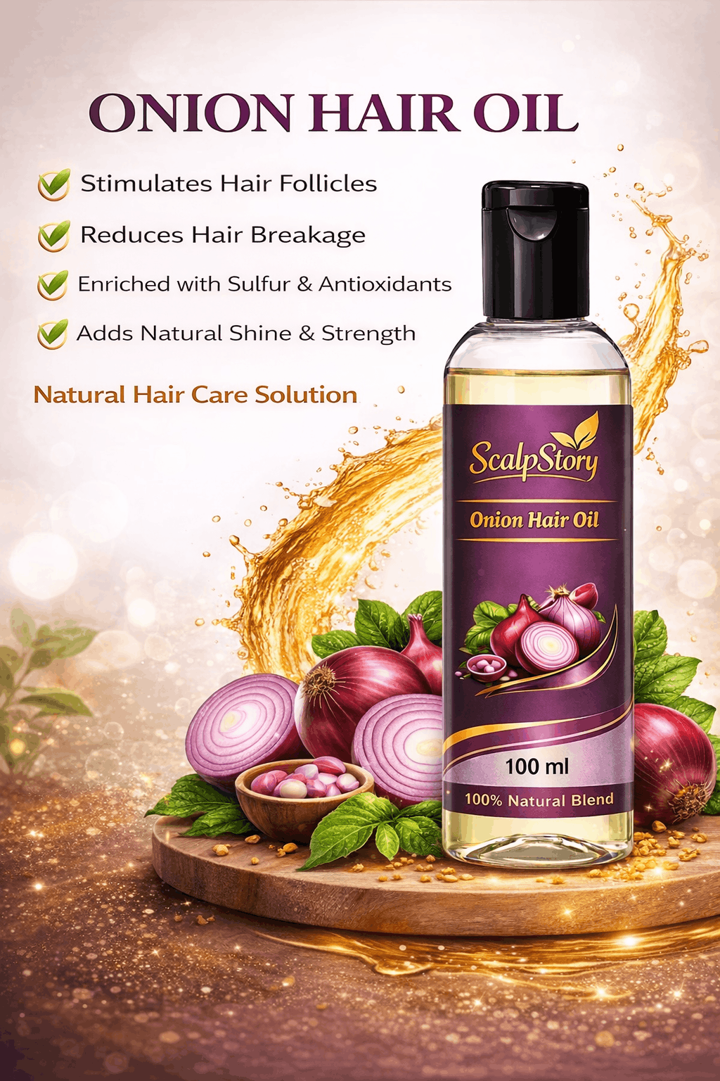 Onion Hair Oil Natural Hair Growth & Anti-Hair Fall Oil with Sulfur & Antioxidants | Strengthens Roots & Adds Shine | 100 ml - Image 2